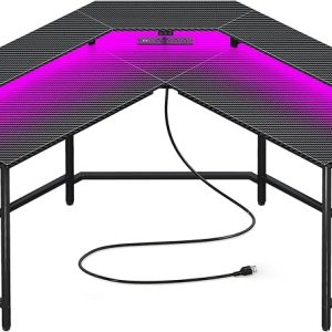 Huuger L Shaped Gaming Desk with Power Outlets & LED Lights, Computer Desk with Monitor Shelves, Carbon Fiber Surface, Home Office Desk, Corner Gaming Desk with Hooks, Carbon Fiber Black