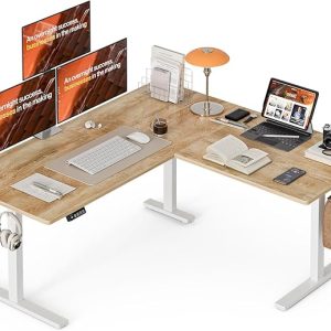 Grandder 63 x 55 Inch L Shaped Standing Desk, Electric Height Adjustable Corner Stand Up Desk, Sit Stand Corner Table Home Office Table, Oak Top White Frame