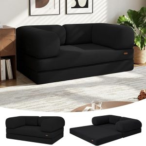 COMAX 4-in-1 Futon Sofa Bed, Queen Size Foldable Couch with L-Shaped Armrests, Convertible Sleeper Chair Bed, Comfortable Lounge Mattress for Living Room and Bedroom, Dark Black